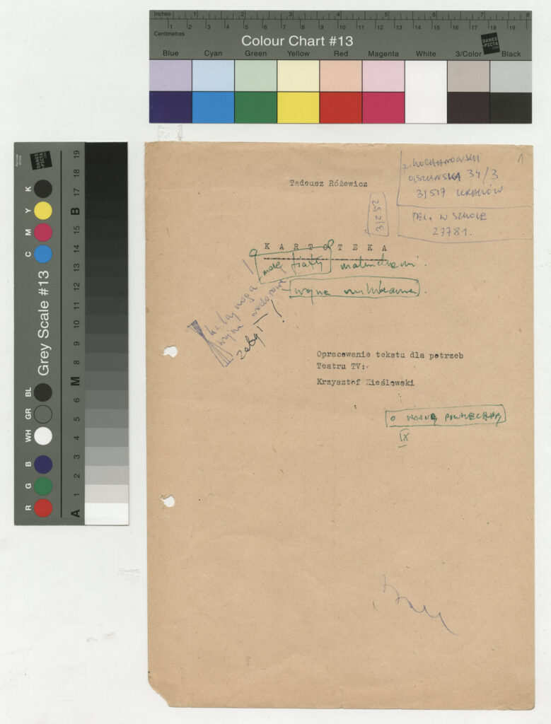 Maszynopis z adaptacją teatralną tekstu do teatru telewizji Krzysztofa Kieślowskiego "Kartoteka" (1979).