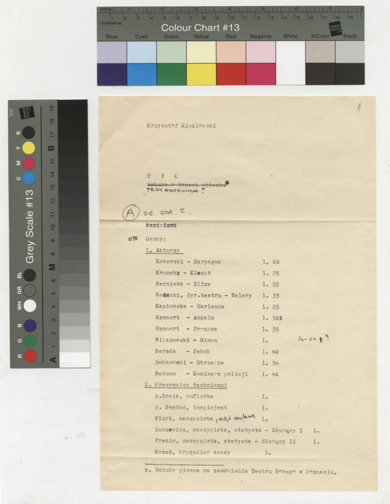 Maszynopis z pomysłem na autorski spektakt teatralny Krzysztofa Kieślowskiego zatytułowany "Tył".