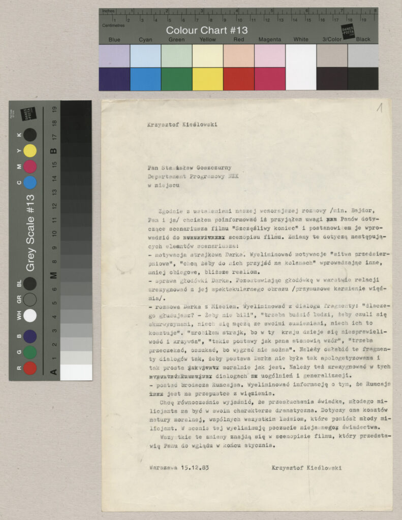 Maszynopis z listem na temat przyjęcia uwag dotyczących scenariusza filmu "Bez końca".