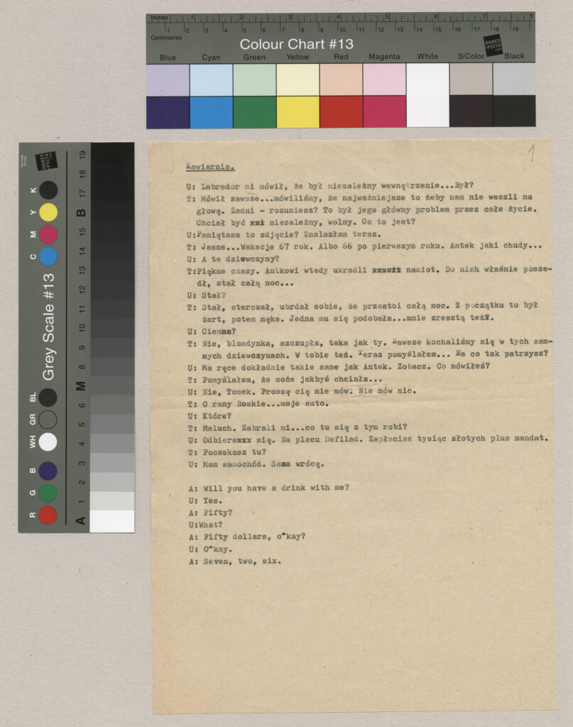 Kopia maszynopisu z dialogami do filmu Krzysztofa Kieślowskiego "Bez końca".