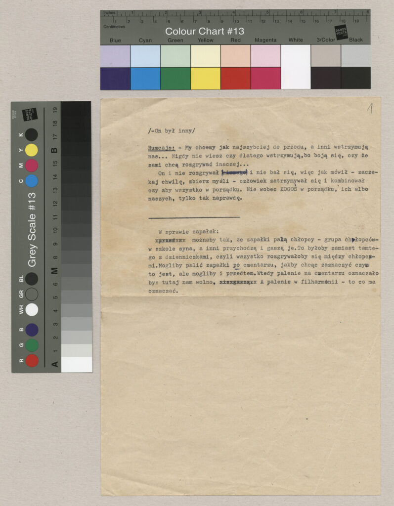 Maszynopis z fragmentem dialogu i pomysłem do filmu Krzysztofa Kieślowskiego "Bez końca".