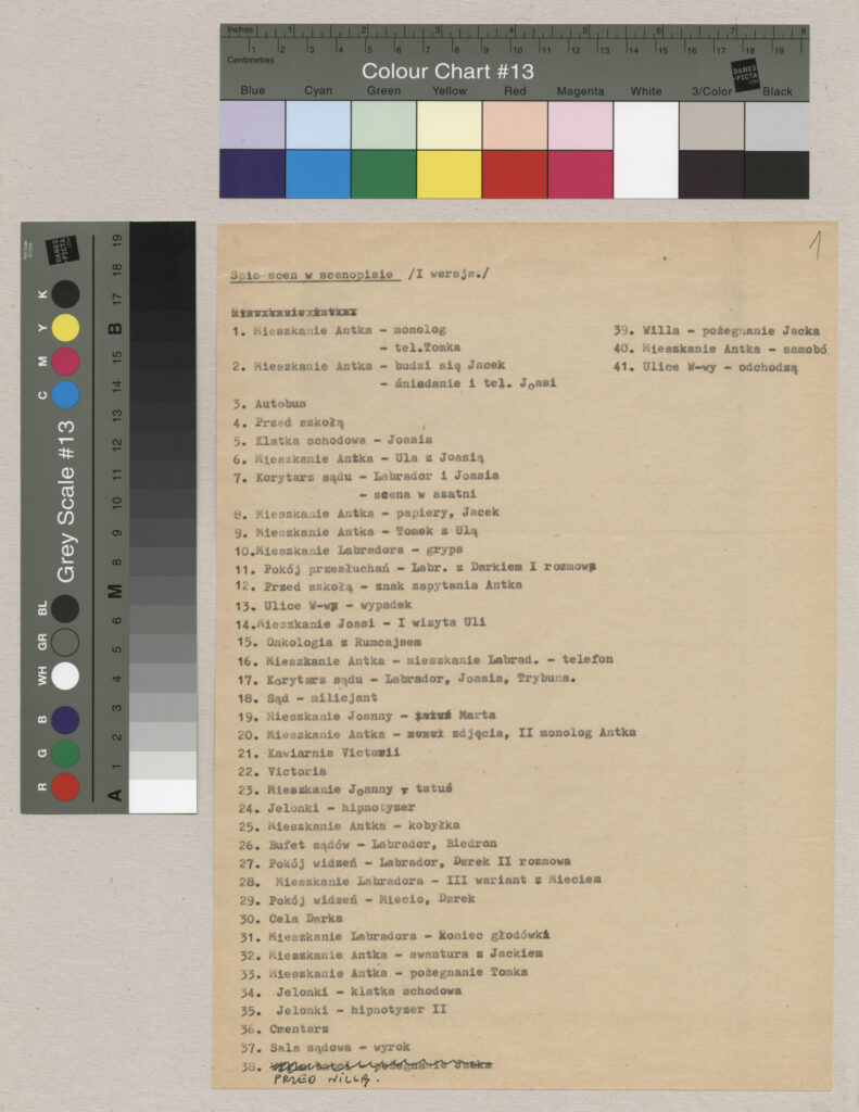 Kopia maszynopisu ze spisem scen w scenopisie do filmu Krzysztofa Kieślowskiego "Bez końca".