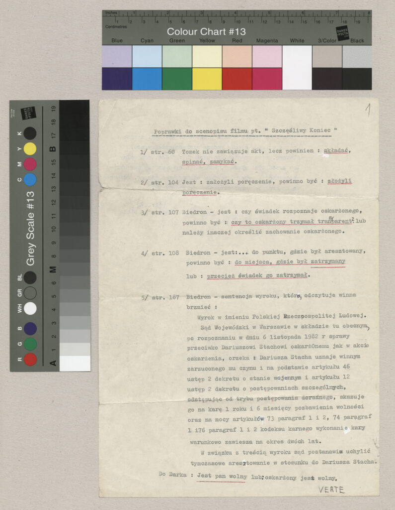 Maszynopis z poprawkami do scenopisu do filmu Krzysztofa Kieślowskiego "Bez końca".