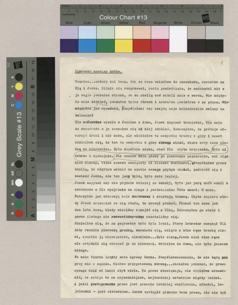 Kopia maszynopisu z monologiem Antoniego Zyro do filmu Krzysztofa Kieślowskiego "Bez końca".