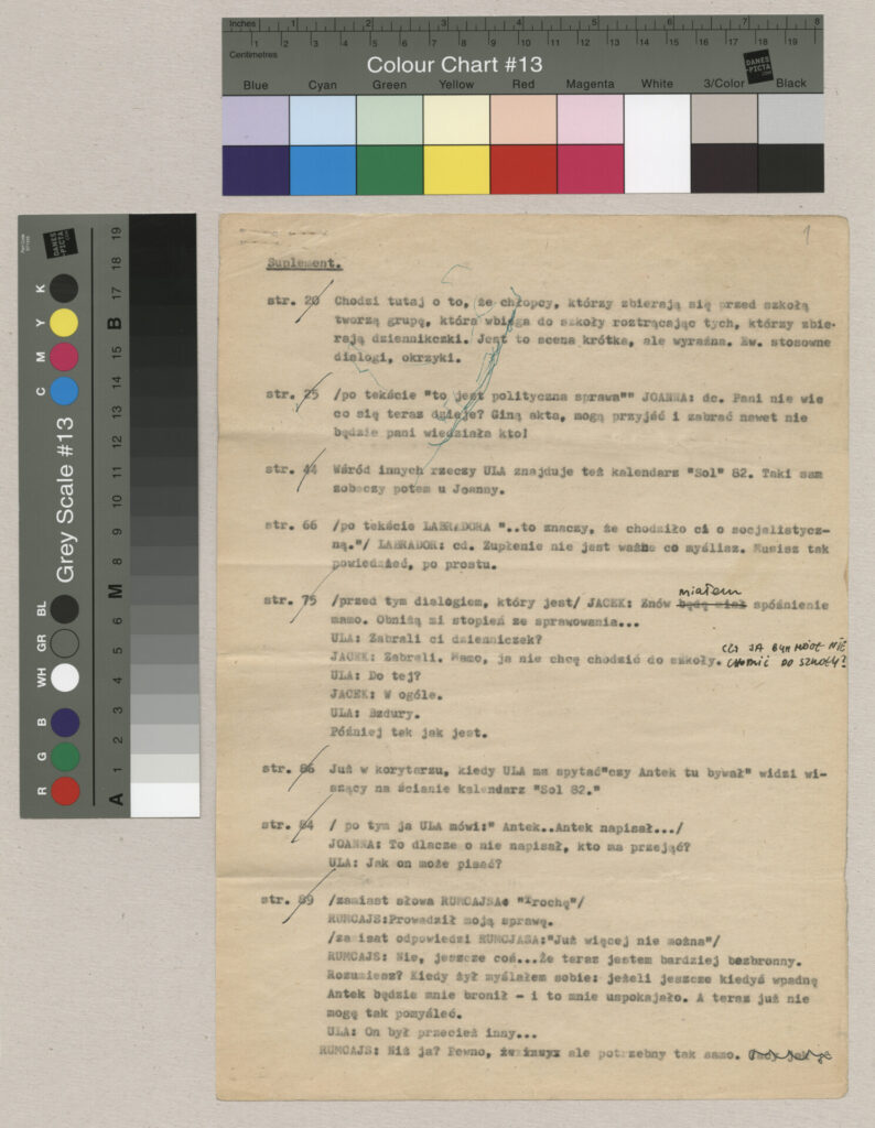 Kopia maszynopisu z suplementem do filmu Krzysztofa Kieślowskiego "Bez końca".