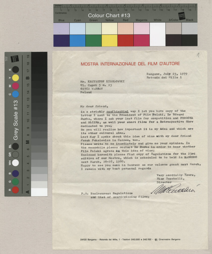 Maszynopis z listem z pomysłem pokazania filmów w ramach festiwalu filmowego we Włoszech.