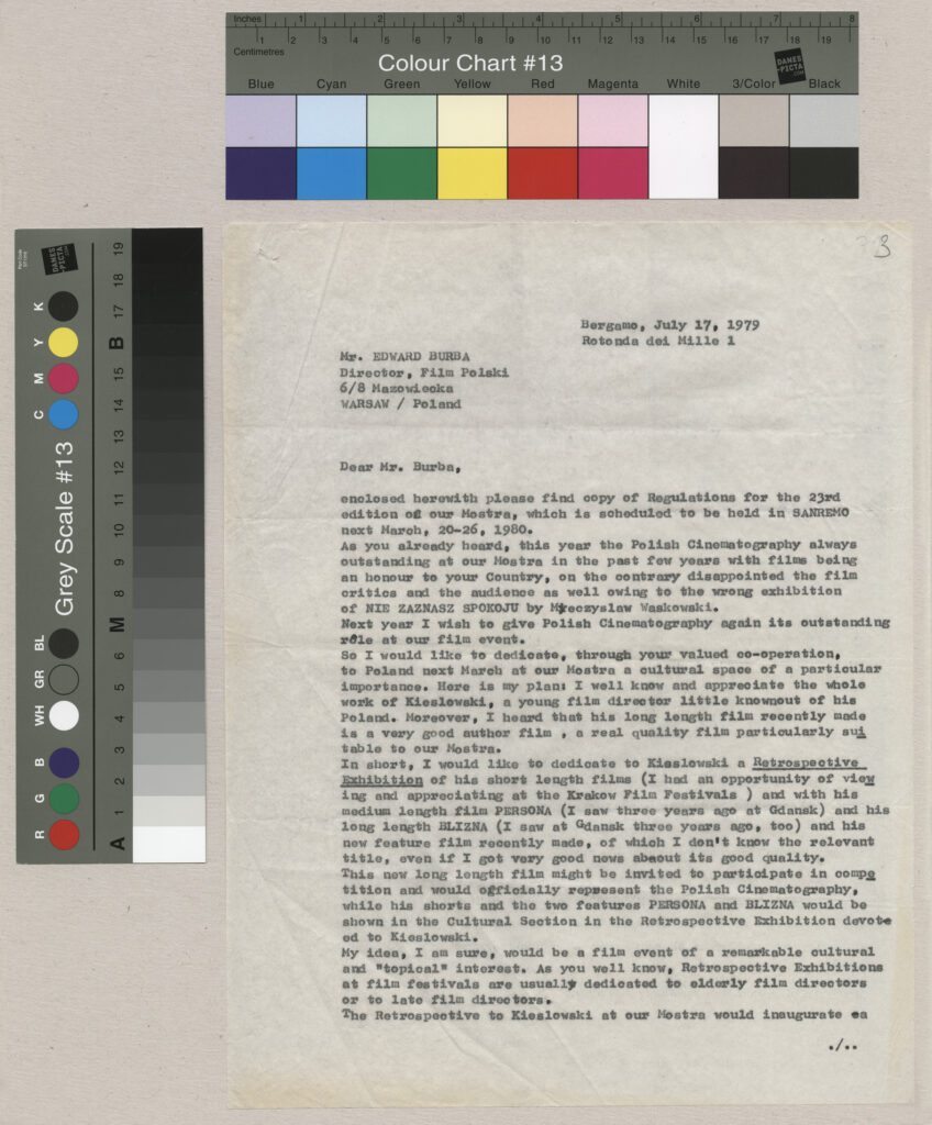 Kopia maszynopisu listu argumentującego pomysł pokazania filmów w ramach festiwalu filmowego we Włoszech.
