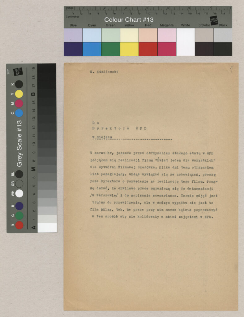 Maszynopis z korespondencją z prośbą o pozwolenie na realizację filmu "Byłem żołnierzem".