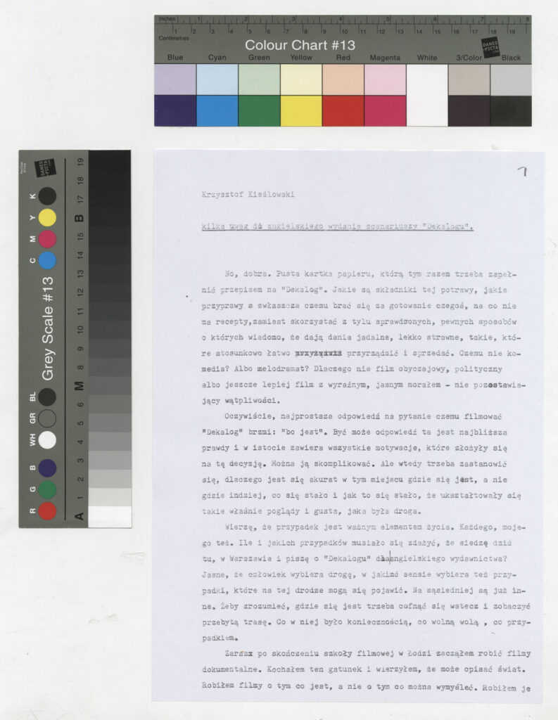 Kserokopia maszynopisu z tekstem Kieślowskiego "kilka uwag do angielskiego wydania scenariuszy 'Dekalogu'".