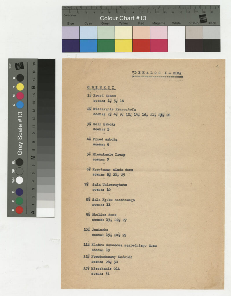 Maszynopis z wykazem obiektów zdjęciowych do cyklu telewizyjnego "Dekalog" (1988-1989) w reżyserii K. Kieślowskiego.