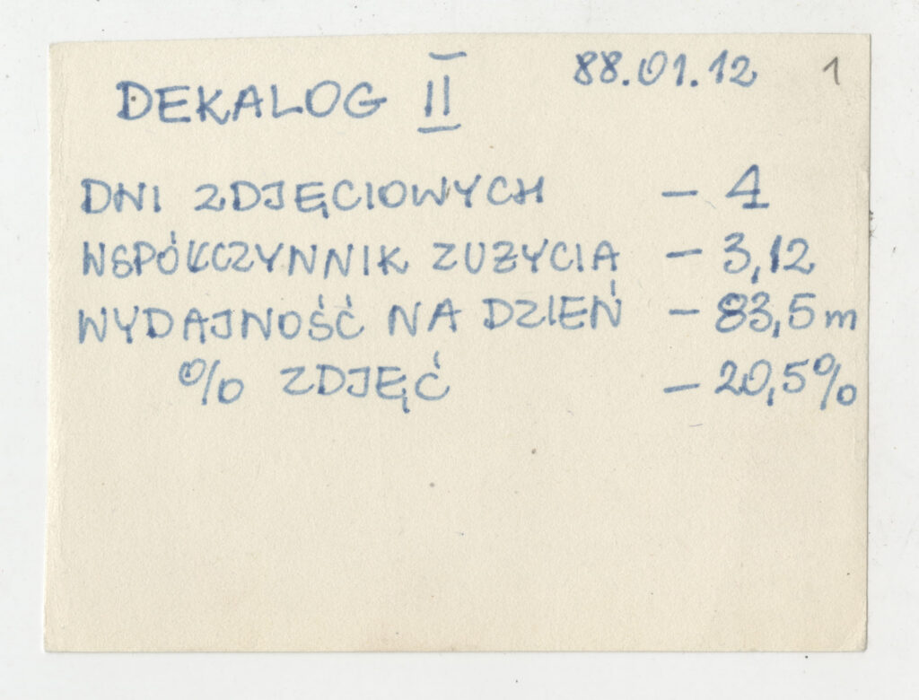 Rekopis z zestawieniem statystycznym przebiegu zdjęć do cyklu telewizyjnego "Dekalog" (1988-1989).