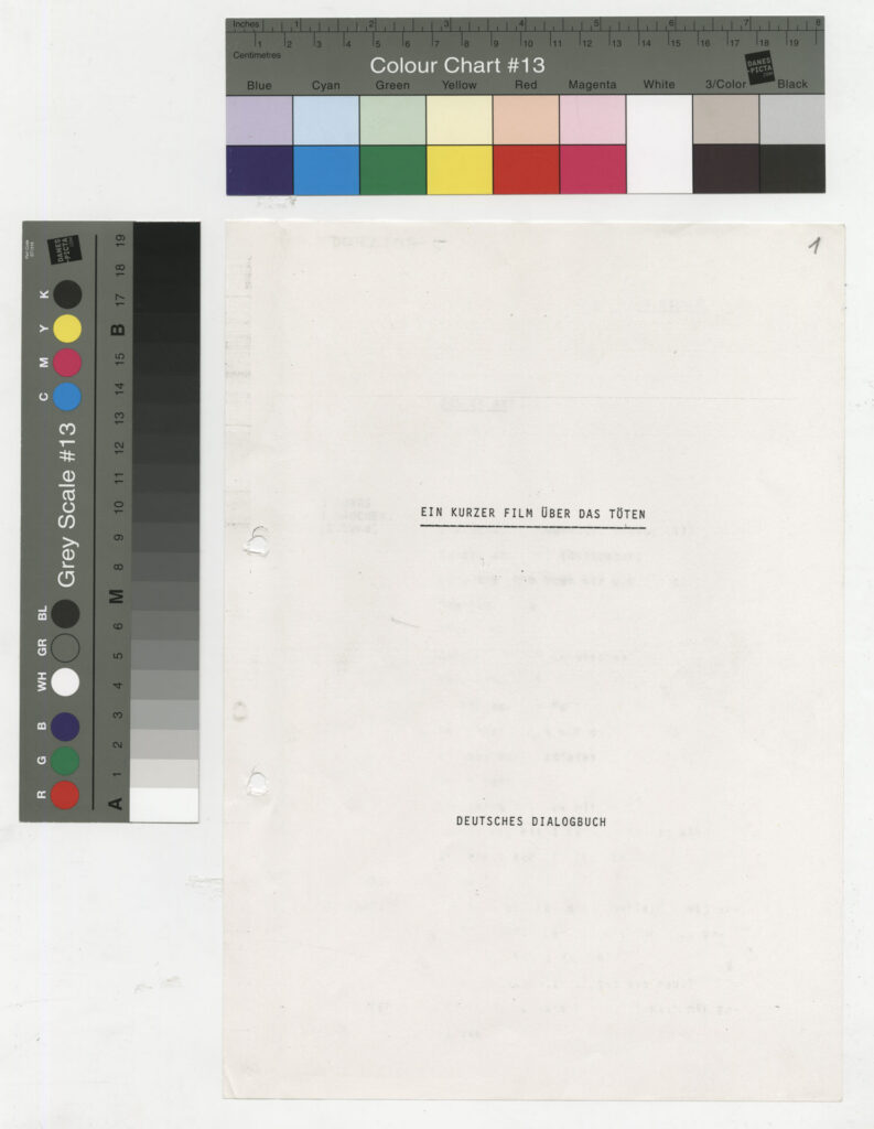Kserokopia maszynopisu z niemieckim dialogiem filmu "Krótki film o zabijaniu" (1988) w reżyserii K. Kieślowskiego.