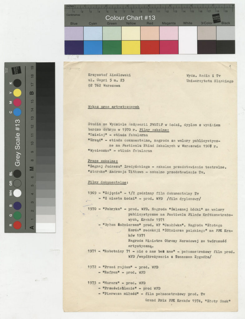 Maszynopis z wykazem prac artystycznych Krzysztofa Kieślowskiego, sporządzony dla Uniwersytetu Śląskiego.