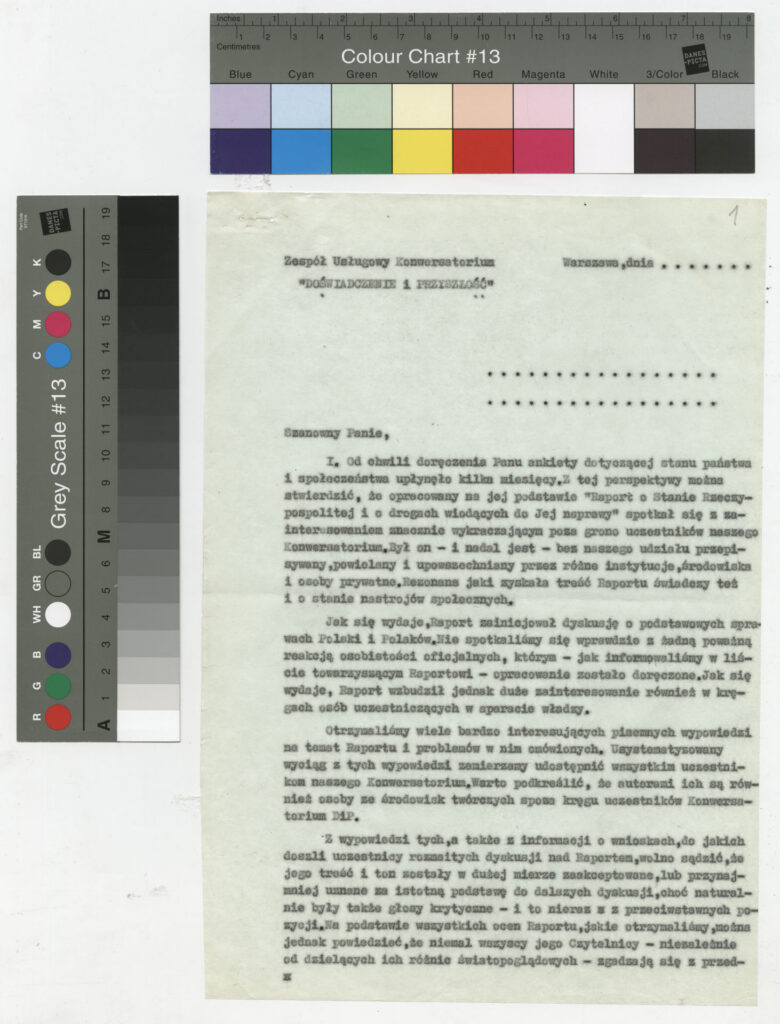 Maszynopis z listem Zespołu Usługowego Konwersatorium "Doświadczenie i przyszłość".