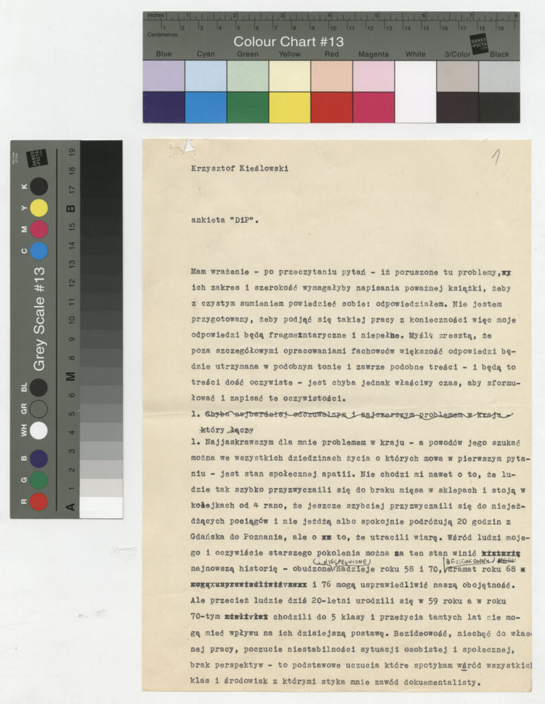 Maszynopis z odpowiedziami Krzysztofa Kieślowskiego na ankietę konwersatorium "Doświadczenie i Przyszłość".
