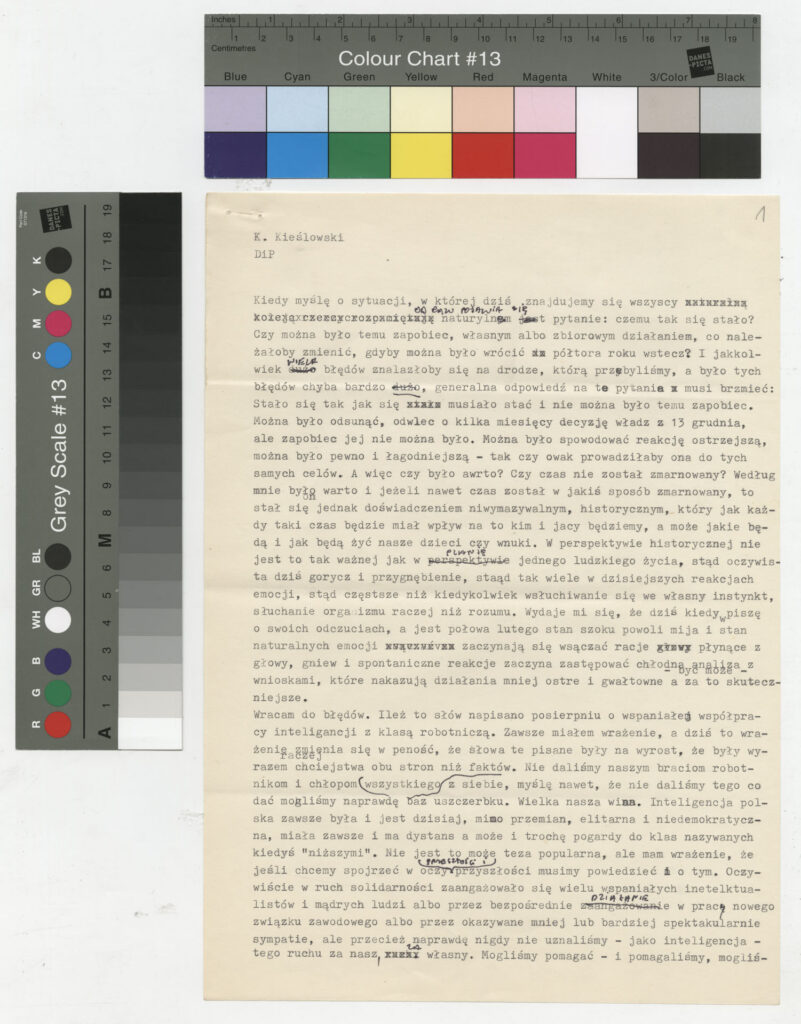 Maszynopis z esejem Krzysztofa Kieślowskiego powstałego w ramach konwersatorium "Doświadczenie i Przyszłość".