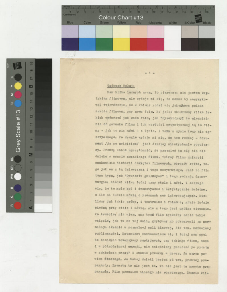 Maszynopis z transkrypcją dyskusji o filmie dokumentalnym Krzysztofa Kieślowskiego "Życiorys" (1975).