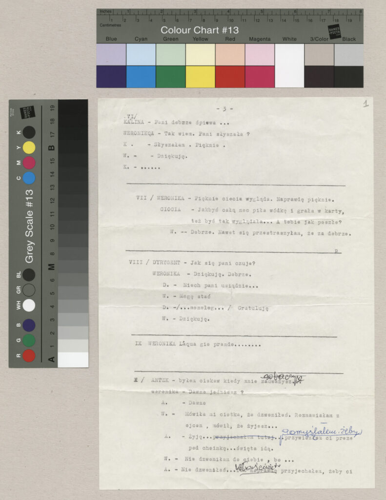 Maszynopis listy dialogowej do filmu Kieślowskiego "Podwójne życie Weroniki".