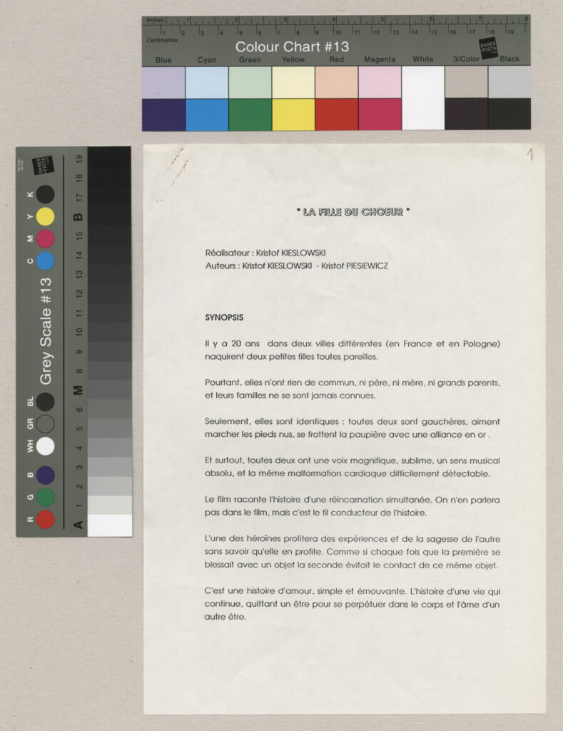 Wydruk komputerowy synopsisu do filmu Kieślowskiego "Podwójne życie Weroniki".