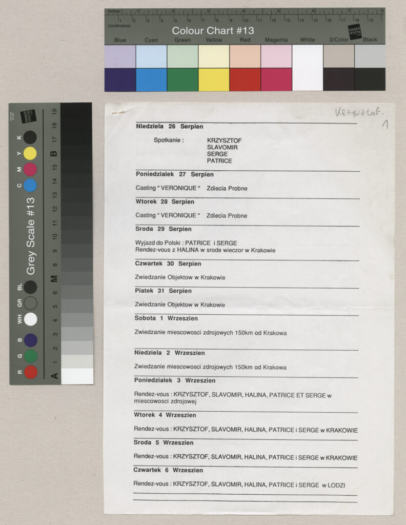 Wydruk komputerowy planu pobytu ekipy francuskiej do filmu Kieślowskiego "Podwójne życie Weroniki".