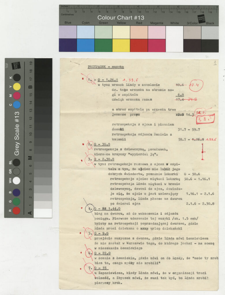 Maszynopis z dokumentacją zdjęć filmowych i muzyką do filmu Krzysztofa Kieślowskiego "Przypadek" (1981).