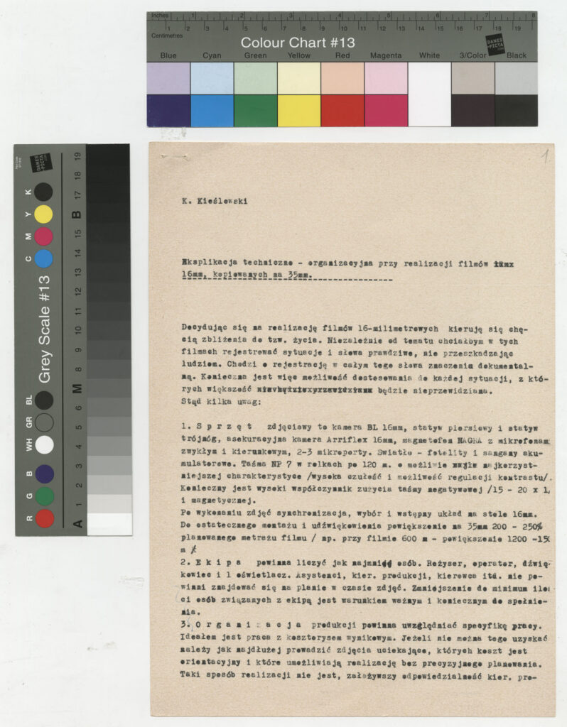 Maszynopis z tekstem "Eksplikacja techniczno-organizacyjna przy realizacji filmów 16 mm kopiowanych na 35 mm".