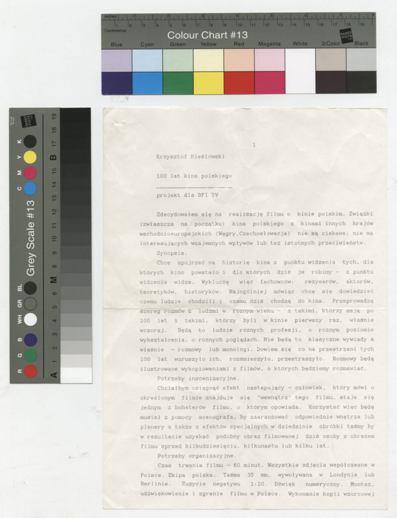 Wydruk komputerowy na temat projektu filmu Krzysztofa Kieślowskiego "100 lat kina polskiego".