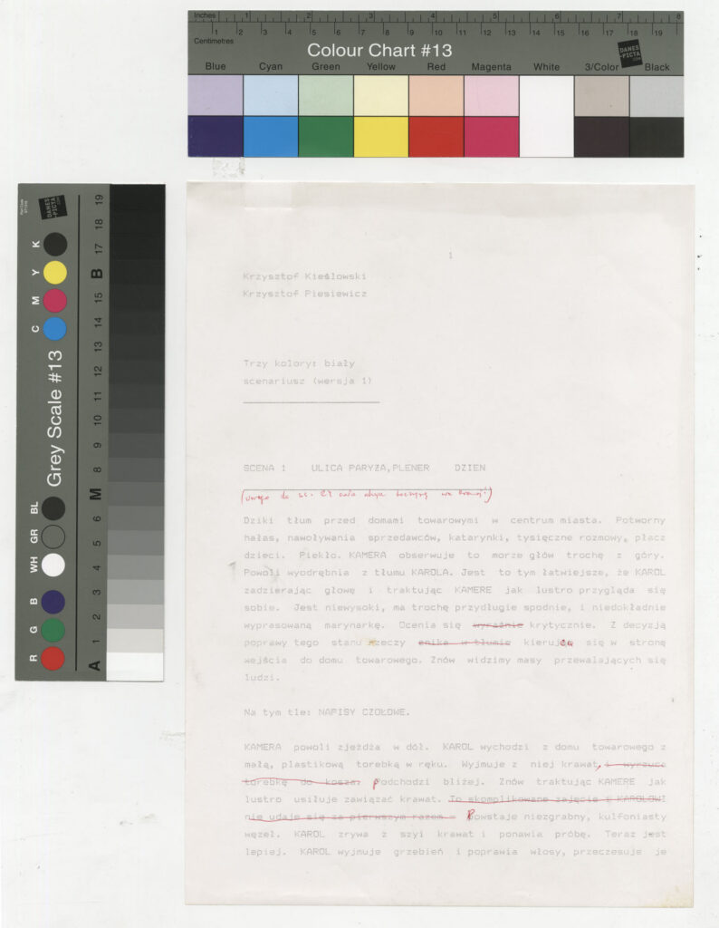 Wydruk komputerowy ze scenariuszem do filmu Krzysztofa Kieślowskiego "Trzy kolory. Biały" (1994).