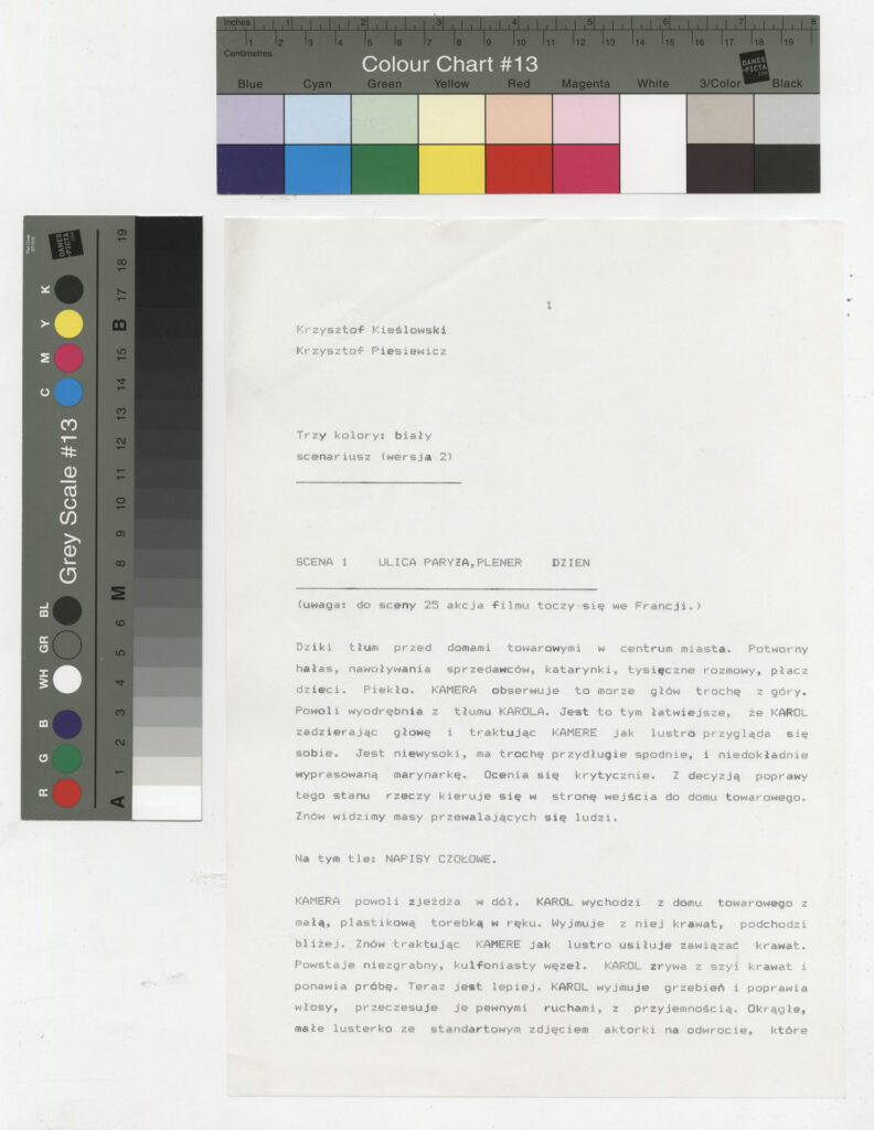 Wydruk komputerowy z treatmentem do filmu Krzysztofa Kieślowskiego "Trzy kolory. Biały" (1994).