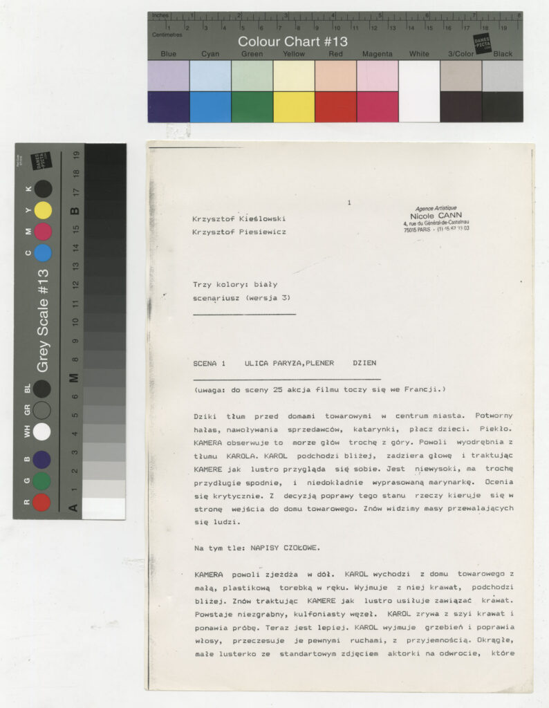 Kserokopia wydruku komputerowego ze scenariuszem do filmu Krzysztofa Kieślowskiego "Trzy kolory. Biały" (1994).