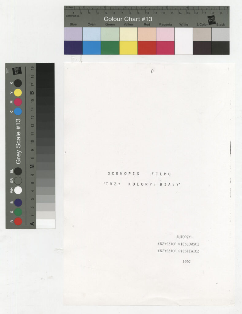 Kserokopia wydruku komputerowego ze treatmentem do filmu Krzysztofa Kieślowskiego "Trzy kolory. Biały" (1994).