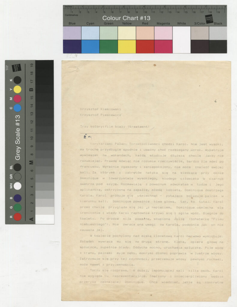 Wydruk komputerowy z treatmentem do filmu Krzysztofa Kieślowskiego "Trzy kolory. Biały" (1994).