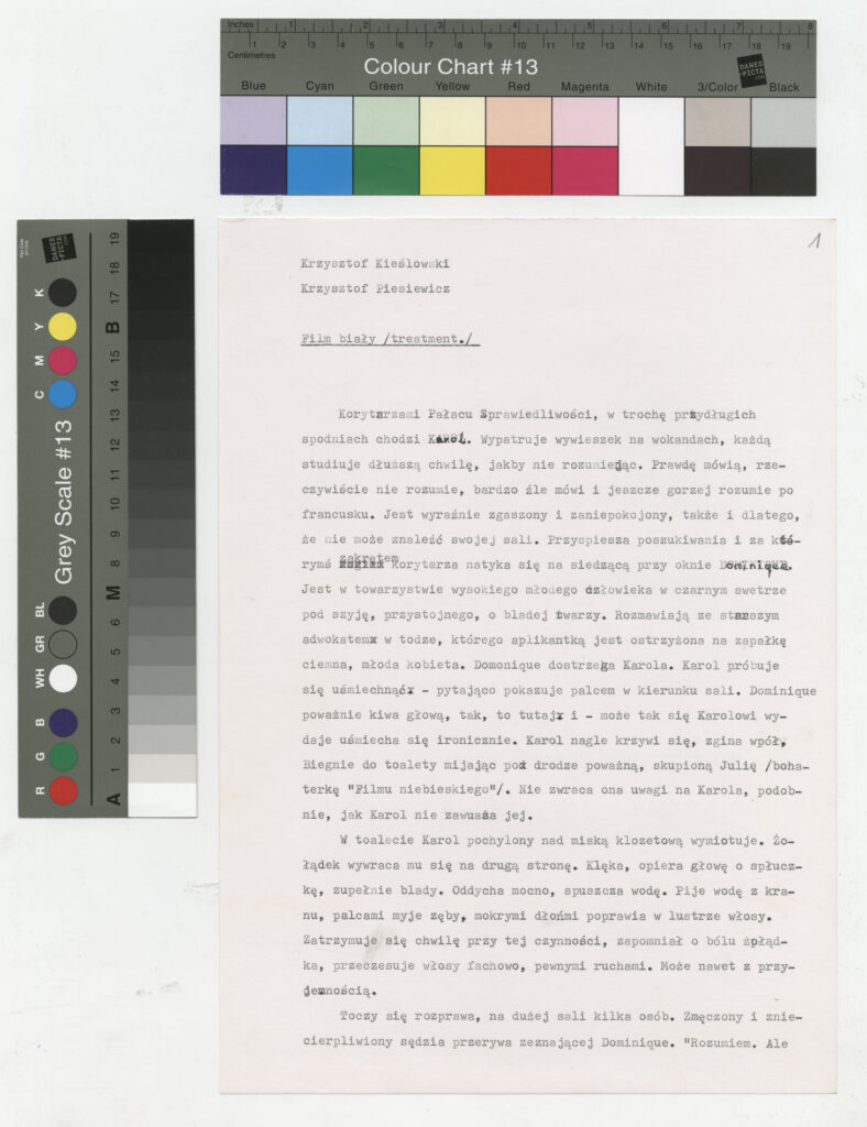 Wydruk komputerowy z treatmentem do filmu Krzysztofa Kieślowskiego "Trzy kolory. Biały" (1994).