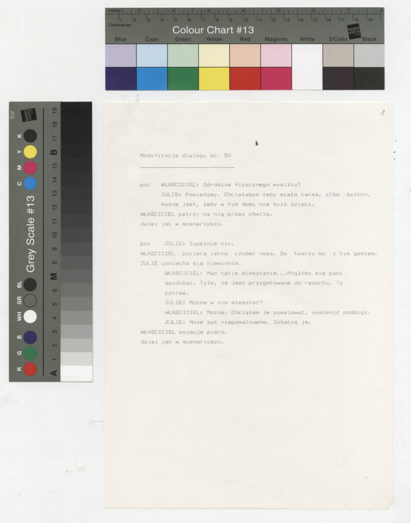 Wydruk komputerowy z listą dialogową do filmu Krzysztofa Kieślowskiego "Trzy kolory. Biały" (1994).