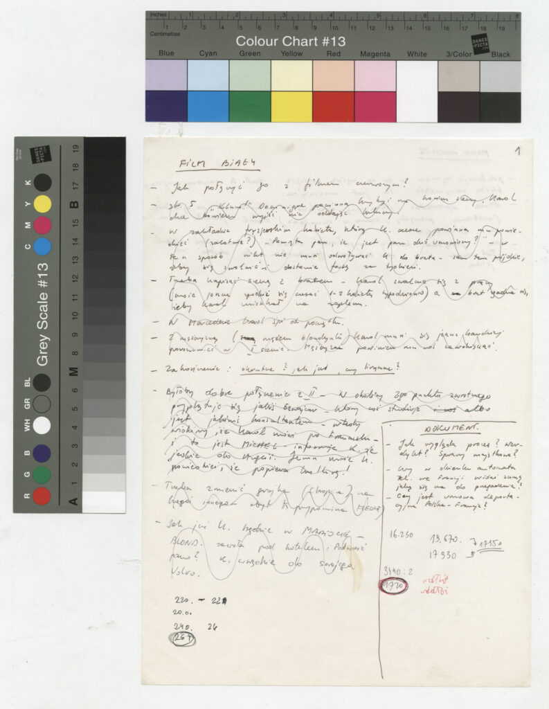 Rękopis z notatkami autora do filmu Krzysztofa Kieślowskiego "Trzy kolory. Biały" (1994).