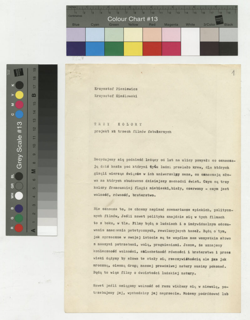 Kserokopia maszynopisu z projektem trzech filmów fabularnych Krzysztofa Kieślowskiego "Trzy kolory".