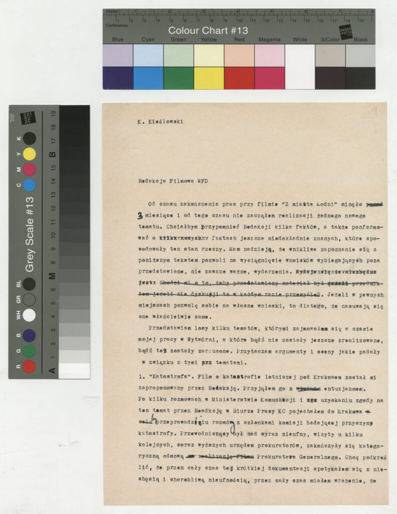 Maszynopis z listem Krzysztofa Kieślowskiego do Redakcji Filmowej WFD.