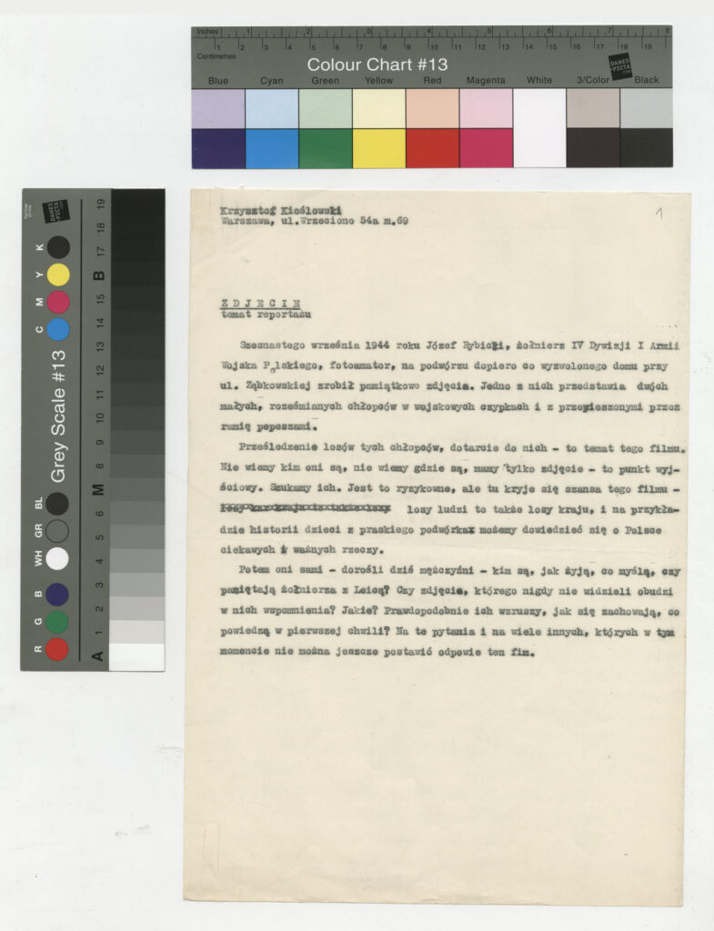 Maszynopis z tematem reportażu Krzysztofa Kieślowskiego "Zdjęcie" (1968).