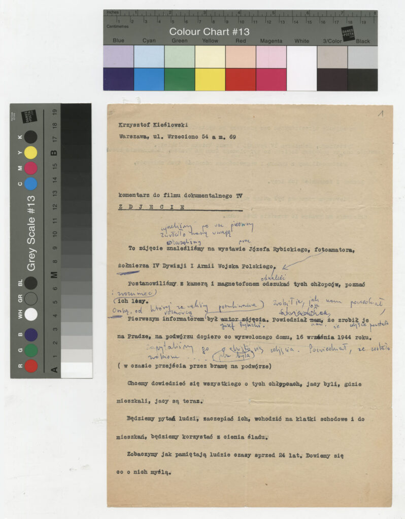 Maszynopis z komentarzem do filmu Krzysztofa Kieślowskiego "Zdjęcie" (1968).