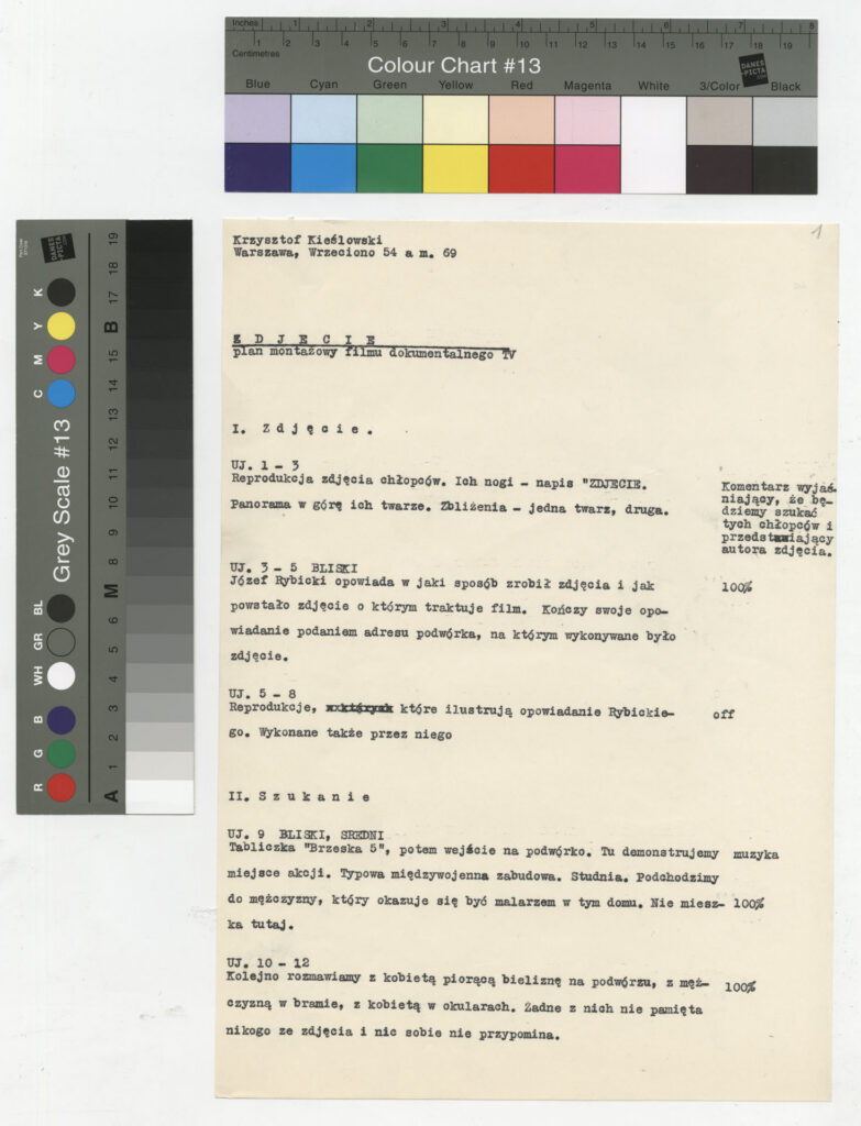 Maszynopis z planem montażowym do filmu Krzysztofa Kieślowskiego "Zdjęcie" (1968).