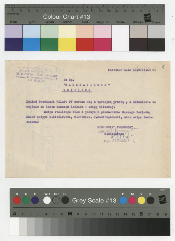 Maszynopis z korespondencją służbową do filmu Krzysztofa Kieślowskiego "Zdjęcie" (1968).