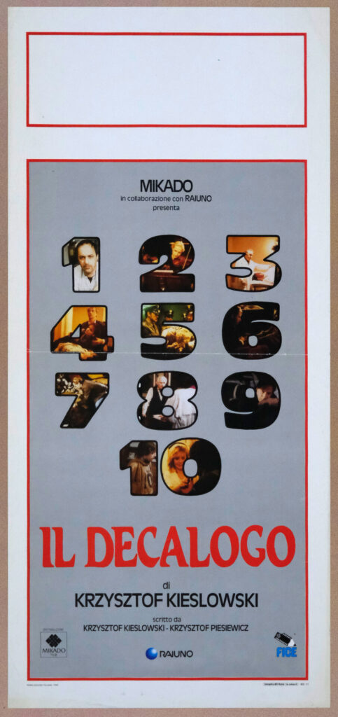 Włoski plakat do cyklu filmowego "Dekalog". Liczby od 1 do 10 wypełnione scenami z filmów.