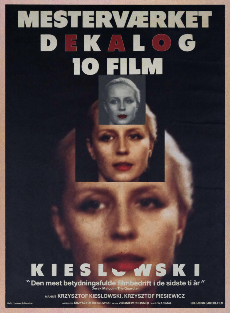 Duński plakat do cyklu filmowego „Dekalog". Twarz kobiety w powiększających się kadrach.