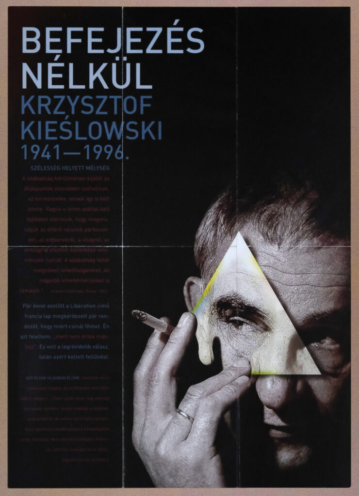 Polski plakat do filmu „Bez końca". Zbliżenie na twarz mężczyzny z papierosem. Na twarzy jasny trójkąt.