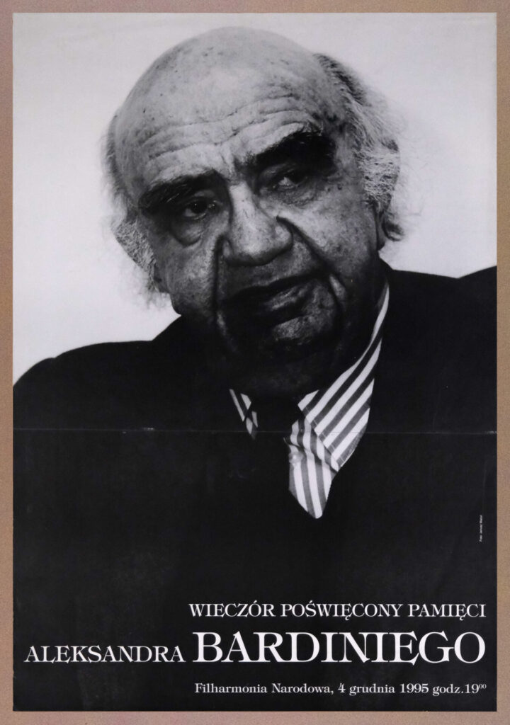 Polski plakat do wydarzenia „Wieczór poświęcony pamięci Aleksandra Bardiniego". Portret starszego mężczyzny.