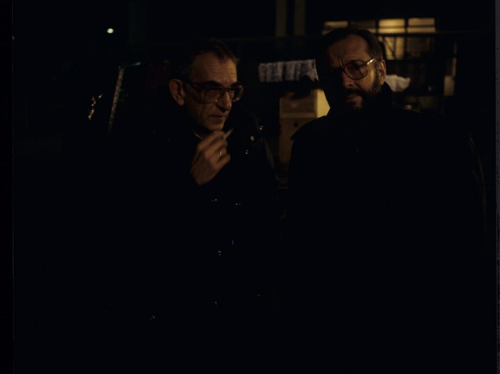 Krzysztof Kieślowski (director) and Krzysztof Zanussi (director, here acting as a producer) on the film set.