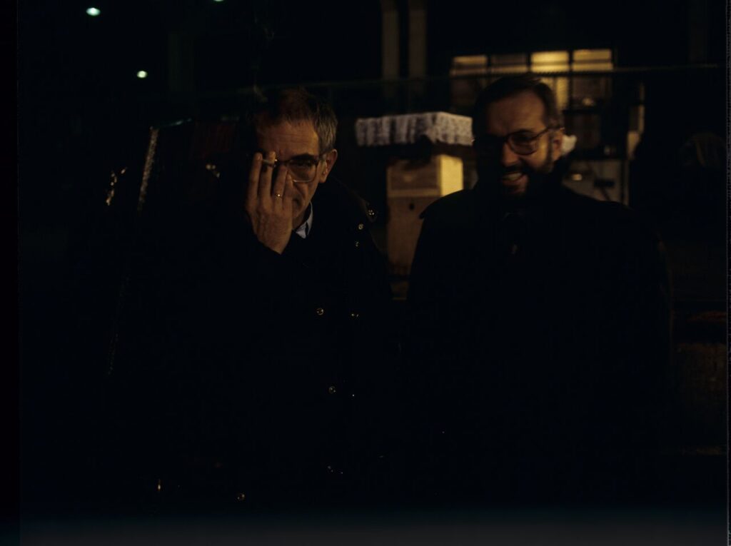 Krzysztof Kieślowski (director) and Krzysztof Zanussi (director, here acting as a producer) on the film set.