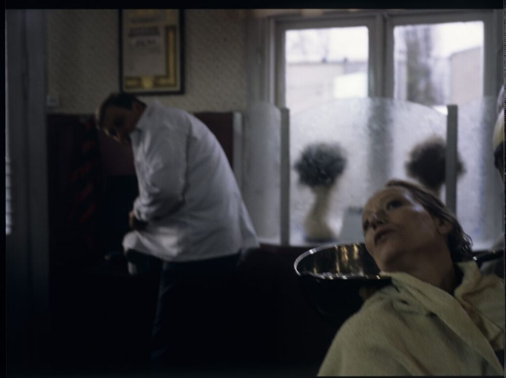 Jurek, Karol's brother (Jerzy Stuhr) with a client Mrs. Jadwiga (Teresa Budzisz-Krzyżanowska) in his hairdressing salon