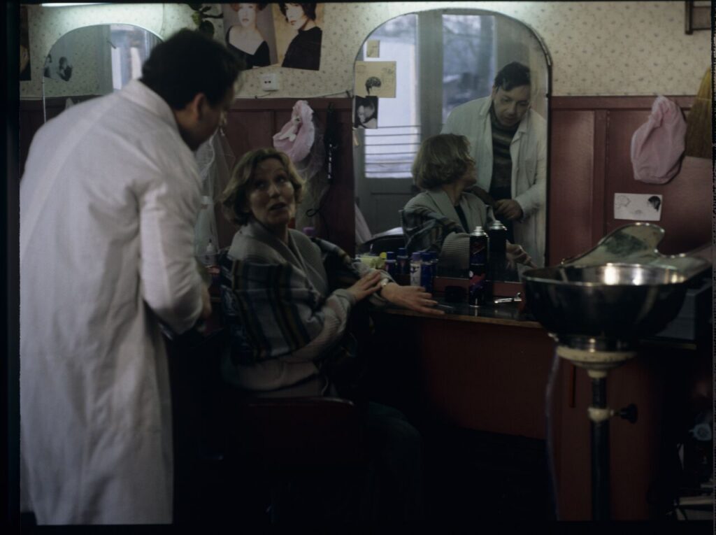 Jurek, Karol's brother (Jerzy Stuhr) with a client Mrs. Jadwiga (Teresa Budzisz-Krzyżanowska) in his hairdressing salon