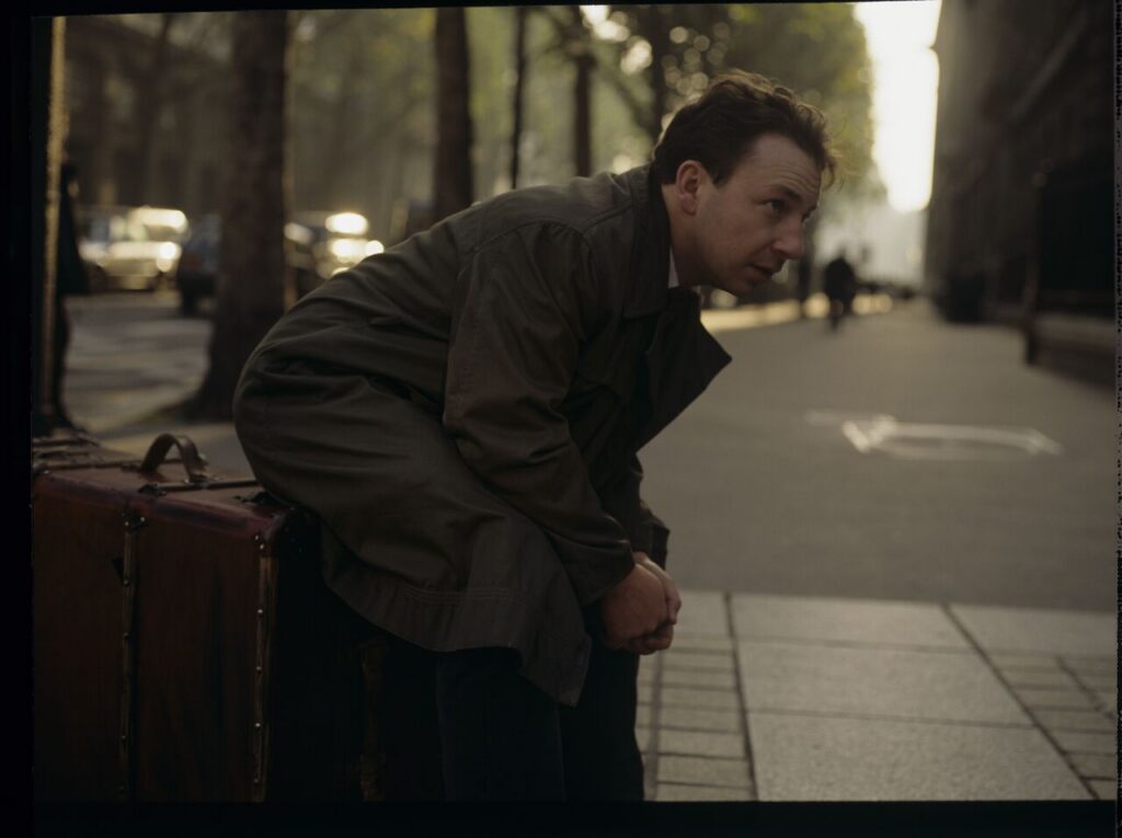 After divorcing Dominique, Karol (Zbigniew Zamachowski) is left on the street with a suitcase and has nowhere to go.